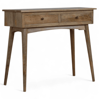 Right-angled view of a wooden console table showcasing its tapered legs, natural wood texture, and functional drawer storage.
