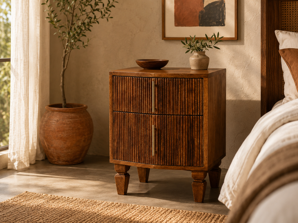 Warm wooden nightstand with fluted cabinet doors, brass handles and tapered legs in a softly lit bedroom.