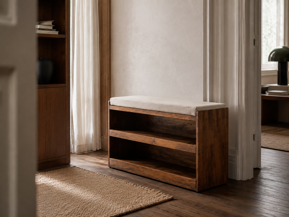 Chestnut wooden shoe bench with a light upholstered cushion and two open storage shelves in a bright hallway.