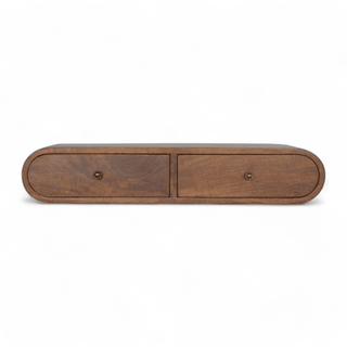 Straight front view of a wooden wall-mounted console featuring two drawers with round knobs and a smooth curved design in a natural finish.