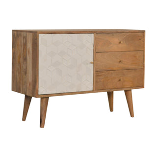 Side angle view of Alabaster Small Sideboard with White Carved Cube Door Panel and Nordic Tapered Legs