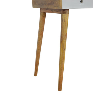 Side angle view of Alara Writing Desk Mango Wood Triple grey-painted Drawers with Gallery Back