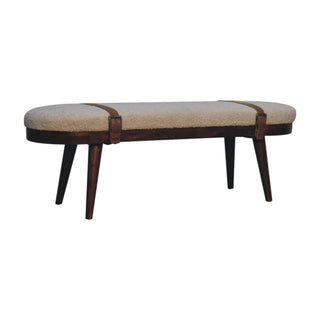 Angled view of Alden Hallway Bench Cream bouclé Oval Seat Leather Cross-Strap Dark Walnut Nordic Legs