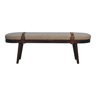 Front view of Alden Hallway Bench Cream bouclé Oval Seat Leather Cross-Strap Dark Walnut Nordic Legs