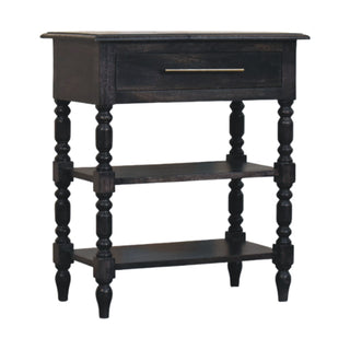 Side angle view of Aldric Side Table with Drawer Turned Legs Carbon Ash Mango Wood