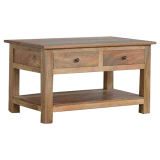 Side angle view of Aldwick Coffee Table with Four Drawers Solid Mango Wood Lower Shelf Limed Oak