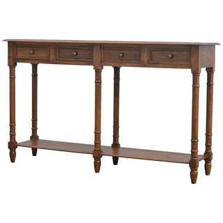 Side angle view of Aldwick Hallway Console Table with Drawers Light Walnut Turned Legs Shelf