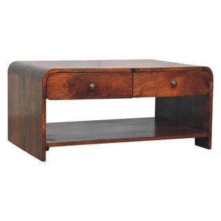 Side angle view of Alto Coffee Table with Drawers Solid Mango Wood Lower Shelf Curved Base Chestnut