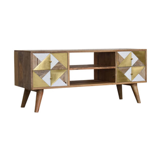 Side angle view of Alux Media Unit Oak Mango Wood Brass Sheet and Faux Marble Geometric Inlay Doors with Nordic Legs