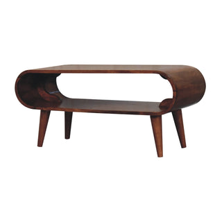 Side angle view of Amaya Nordic Style Honey Caramel Coffee Table, showing the tabletop, frame and furniture finish
