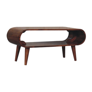 Side view of Amaya Nordic Style Honey Caramel Coffee Table, showing the tabletop, frame and furniture finish