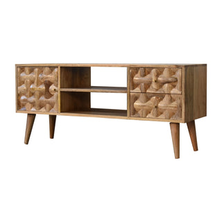 Side angle view of Apex Media Unit Natural Oak Mango Wood 3D Pyramid Relief Carved Drawers and Cabinet with Nordic Legs