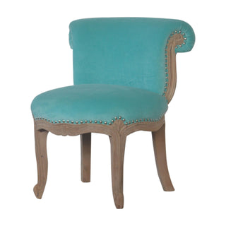 Side view of Aqua Velvet Studded Chair, showing the upholstered seat, legs and silhouette