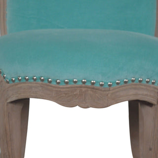 Back view of Aqua Velvet Studded Chair, showing the upholstered seat, legs and silhouette