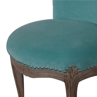 Leg detail view of Aqua Velvet Studded Chair, showing the upholstered seat, legs and silhouette