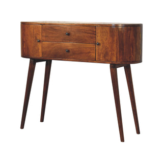 Side angle view of Arbor Console Table with Storage Chestnut Oval Body Side Cabinets Mango