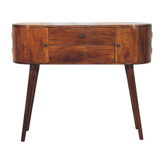 Front view of Arbor Console Table with Storage Chestnut Oval Body Side Cabinets Mango