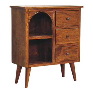 Side angle view of Arbor Display Cabinet Arched Open Niche Three-Drawer Chestnut Compact