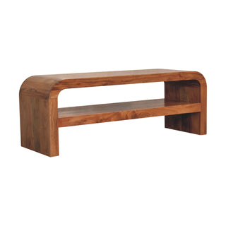 Side angle view of Arc Media Unit Caramel Solid Acacia Wood U-Shape Arc Frame Large Open Drawer Smooth Rounded Edges