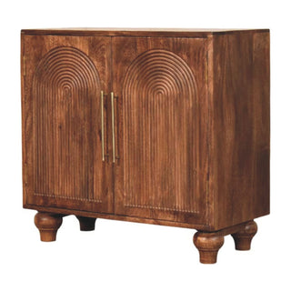 Side angle view of Arcadia Small Sideboard with Hand-Carved Arc Groove Doors and Bun Feet