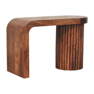 Side angle view of Arch Coffee Table Solid Mango Wood Waterfall Fluted Column Honey Caramel