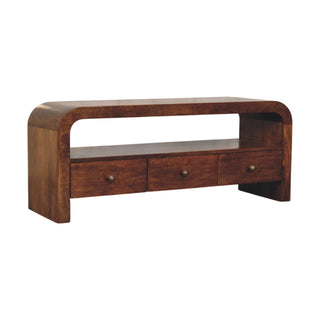 Side angle view of Arch Media Unit Chestnut Mango Wood Full-Height Curved Arch Frame Three Drawers with Brass Knobs