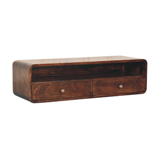 Side angle view of Arch Wall-Mounted Console Table with Drawers California Walnut Open Shelf
