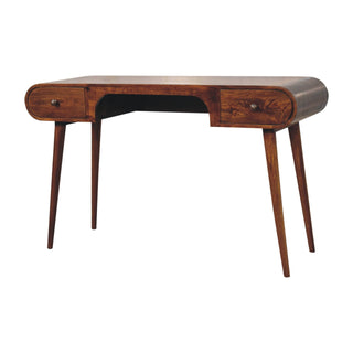 Side angle view of Archer Writing Desk Mango Wood Arch Knee Recess Dual Drawers Rounded Ends