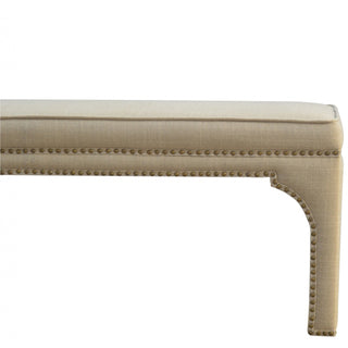 Side view of Arco Hallway Bench Mud Linen Fully Upholstered Arched Cut-Out Legs Antique Stud Trim