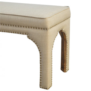 Back view of Arco Hallway Bench Mud Linen Fully Upholstered Arched Cut-Out Legs Antique Stud Trim