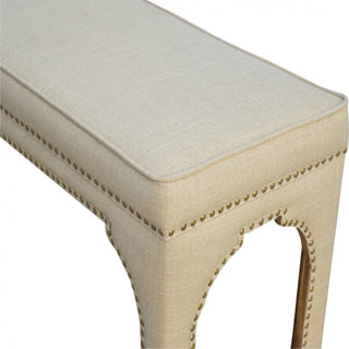 Close-up of fabric texture on Arco Hallway Bench Mud Linen Fully Upholstered Arched Cut-Out Legs Antique Stud Trim
