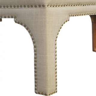 Leg detail view of Arco Hallway Bench Mud Linen Fully Upholstered Arched Cut-Out Legs Antique Stud Trim