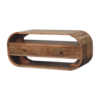 Side angle view of Arco Media Unit Oak Finish Curved Edges Twin Drawers Open Shelf