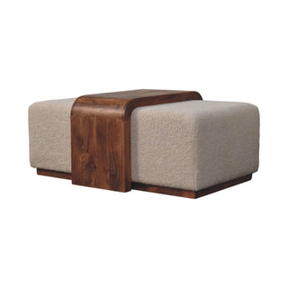Angled view of Arden Living Room Bench Duo Cream bouclé Ottoman Seats Honey Caramel Mango Wood Table