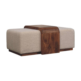 Front view of Arden Living Room Bench Duo Cream bouclé Ottoman Seats Honey Caramel Mango Wood Table