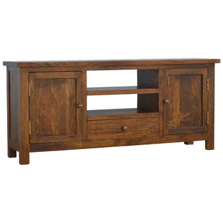 Side angle view of Arden TV Media Unit Light Walnut Mango Wood Double Cabinet with Drawers and Shelves