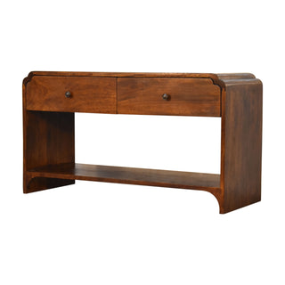 Side angle view of Arlo Console Table with Drawers Chestnut Mango Wood Open Shelf