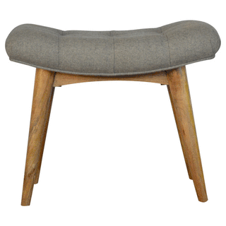 Front view of Ash Upholstered Bench Grey Tweed Curved Saddle Seat Weathered Grey Wash Nordic Legs