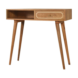 Side angle view of Asha Writing Desk Mango Wood Inlay Border Drawer with Brass Knob