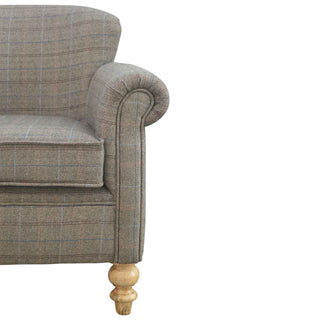 Angled view of Ashby Armchair Multi Tweed Scroll Arm Turned Tapered Leg