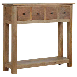 Side angle view of Ashby Slim Console Table with Drawers Natural Oak Mango Open Shelf