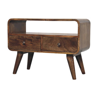 Side angle view of Ashe Compact Media Unit Grey-Washed Mango Wood Curved Corners Twin Drawers with Nordic Legs