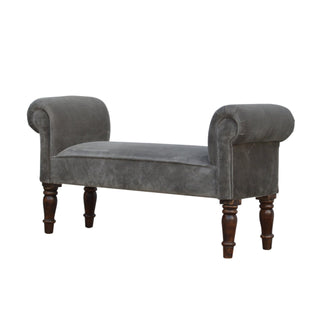 Angled view of Ashen Bedroom Bench Grey Velvet Scroll Arms Turned Dark Walnut Legs