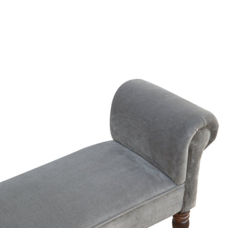Side view of Ashen Bedroom Bench Grey Velvet Scroll Arms Turned Dark Walnut Legs
