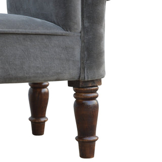 Back view of Ashen Bedroom Bench Grey Velvet Scroll Arms Turned Dark Walnut Legs