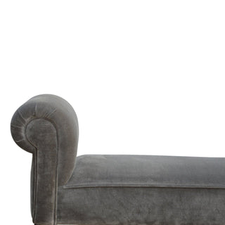 Close-up of fabric texture on Ashen Bedroom Bench Grey Velvet Scroll Arms Turned Dark Walnut Legs
