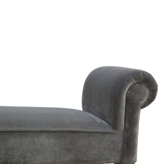 Leg detail view of Ashen Bedroom Bench Grey Velvet Scroll Arms Turned Dark Walnut Legs
