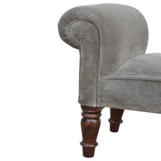 Seat detail view of Ashen Bedroom Bench Grey Velvet Scroll Arms Turned Dark Walnut Legs