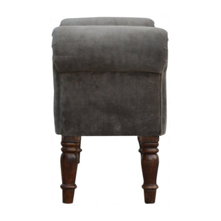 Rear angle view of Ashen Bedroom Bench Grey Velvet Scroll Arms Turned Dark Walnut Legs