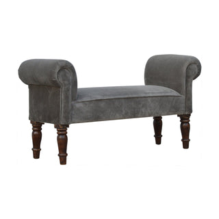Front view of Ashen Bedroom Bench Grey Velvet Scroll Arms Turned Dark Walnut Legs